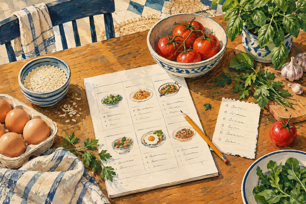 Illustrated kitchen table with ingredients and a meal plan